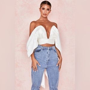 House of CB Elisetta Ivory Satin Plunge Off Shoulder Bustier
